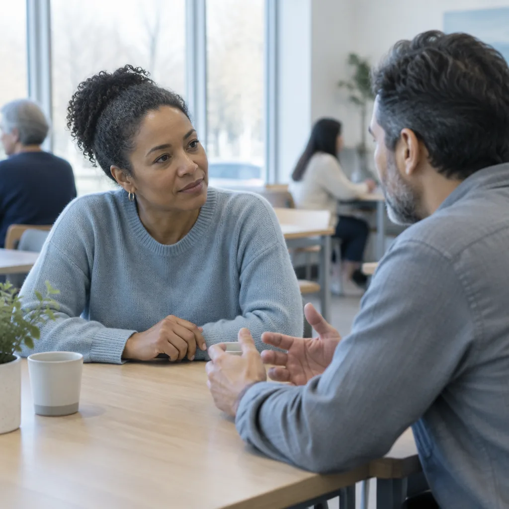 Two adults in conversation at a table